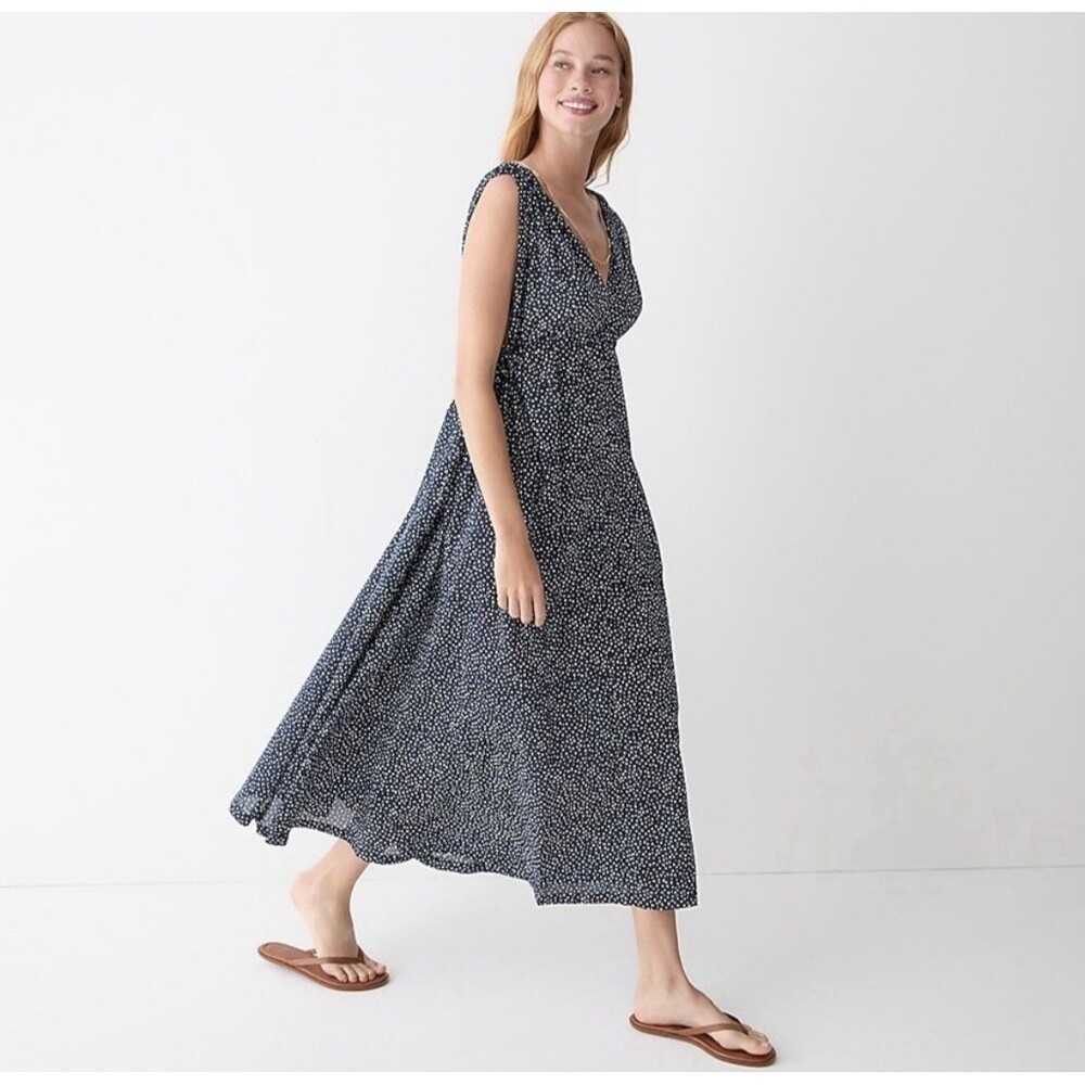 NWT J Crew Navy White Polka Dot Side Tie Deep V Neck Maxi Beach Dress Size XL